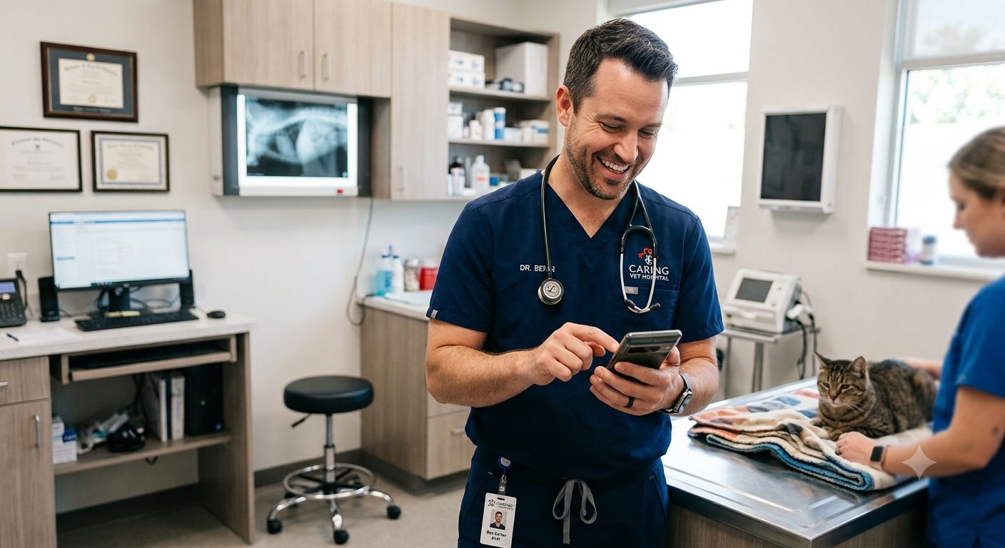 A veterinarian in a white lab coat reviewing a finished post on their phone in the exam room