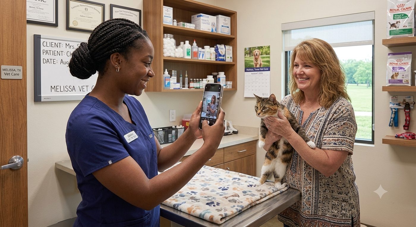 A veterinary technician photographing a patient