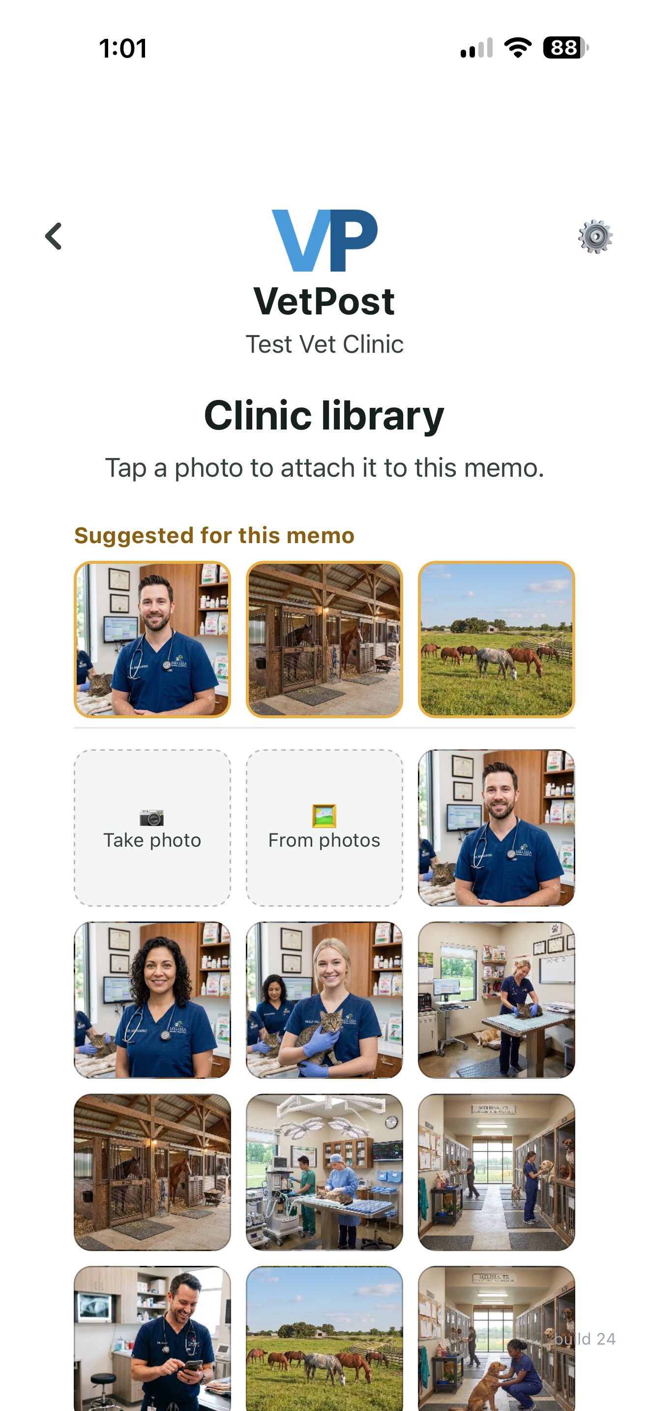 The VetPost app showing suggested clinic photos matched to a recorded memo